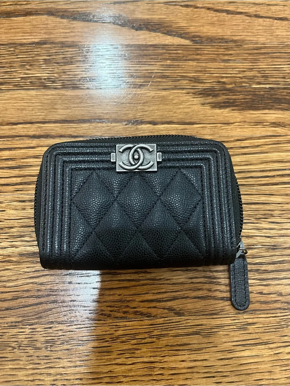 CHANEL Black Quilted Caviar Leather Zip Wallet with Silver CC